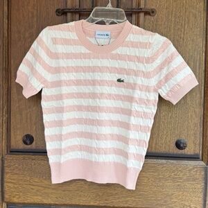 Lacoste Pink and White Striped Cable Knit Short Sleeve Sweater Size L, M